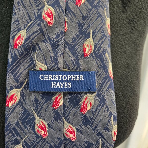 Christopher Hayes Navy, Red & Gray Floral Pattern Silk Tie - Picture 3 of 3